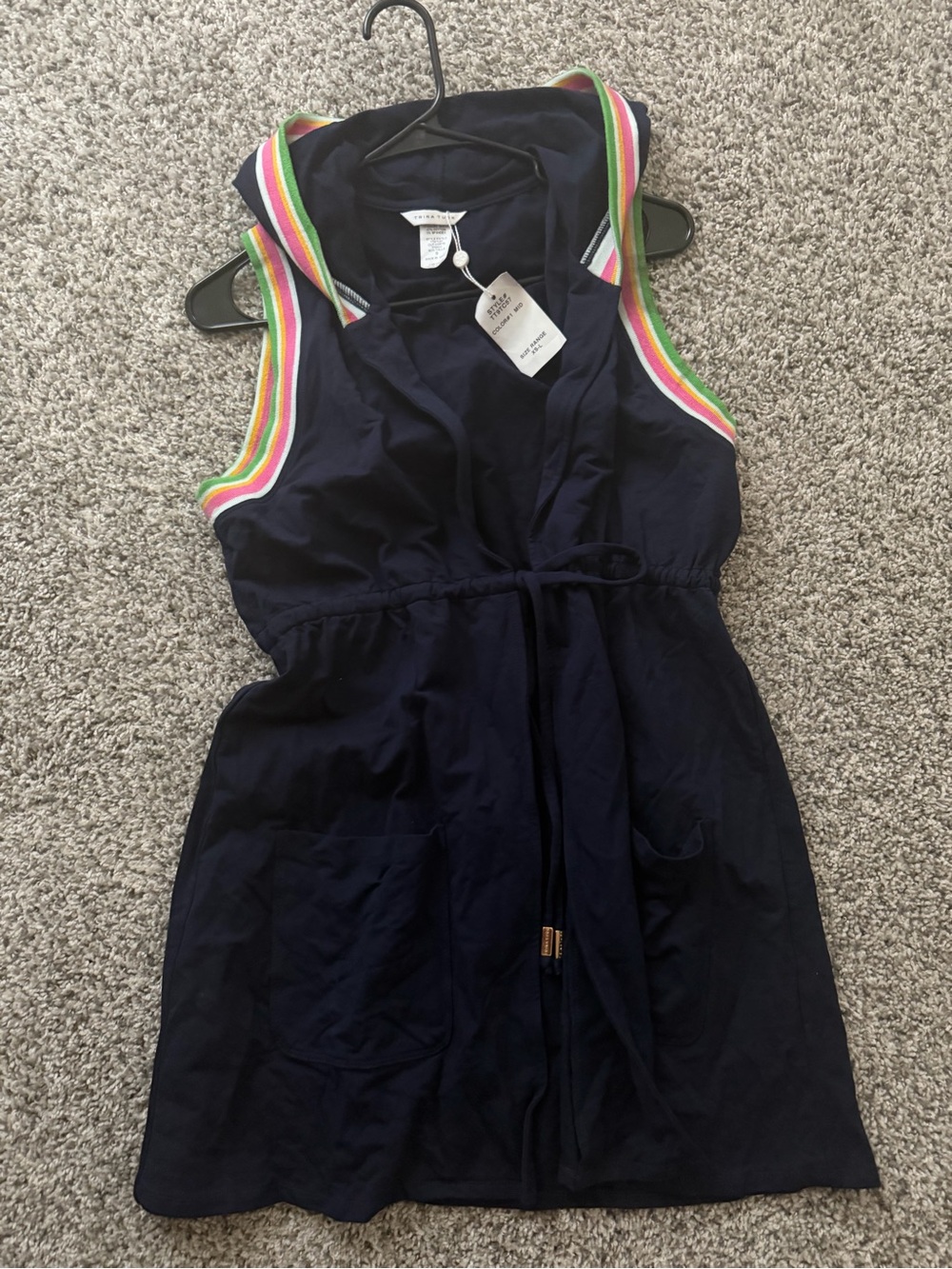 Trina Turk Navy Hooded Swim Coverup with Rainbow Stripe Trim